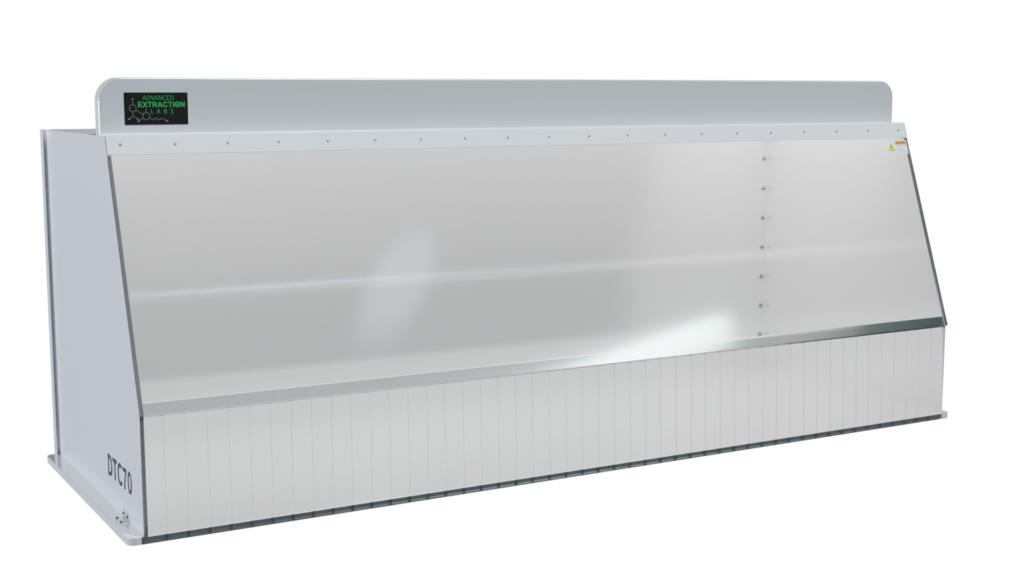 DTC Series ducted fume hood with dimensions 24'L x 70'W x 25'H, featuring heavy-duty construction and clear plexiglass viewing window