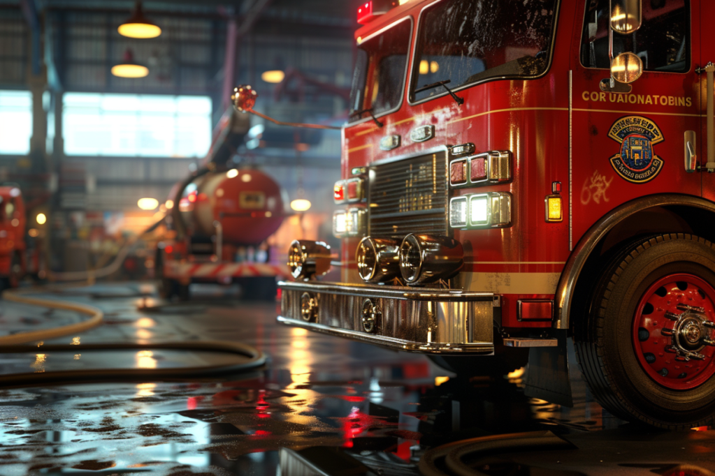 Firefighter truck parked inside fire station garage for rapid emergency response