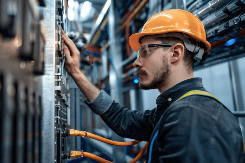 Technician wearing hard hat and protective glasses working on electrical wiring in industrial setting