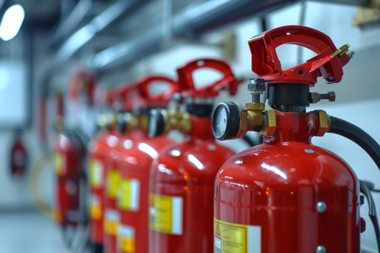 Fire safety equipment including multiple fire extinguishers installed in a controlled laboratory environment