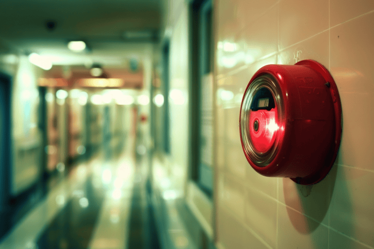 Red fire alarm mounted on a wall as part of fire safety system