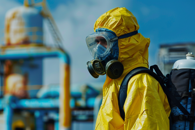Man wearing yellow hazmat suit, goggles, and breathing mask preparing for evacuation and contaminant safety procedures