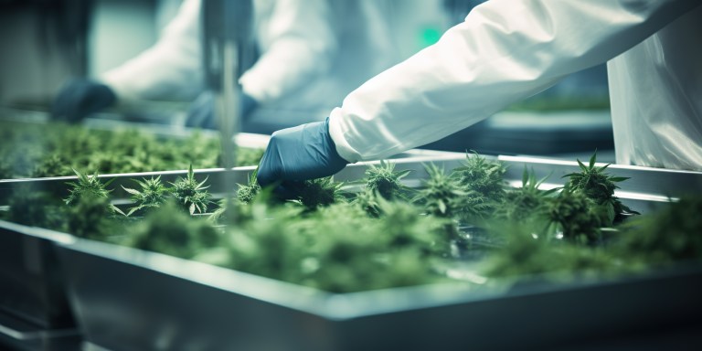 Lab technician in protective clothing handling trays of fresh herbal materials in a controlled environment
