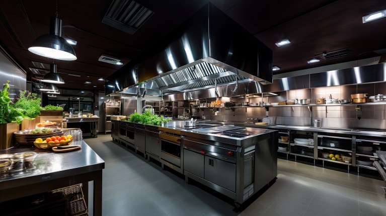 Close-up view of commercial kitchen interior with prepared food and ingredients on display