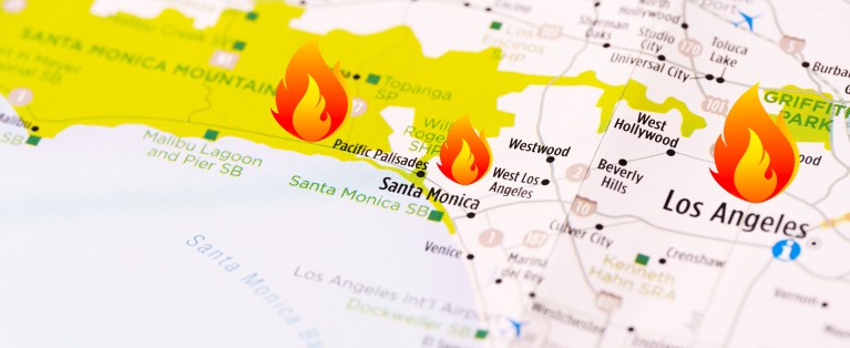 Map of recent wildfire locations and burn areas in Los Angeles, California