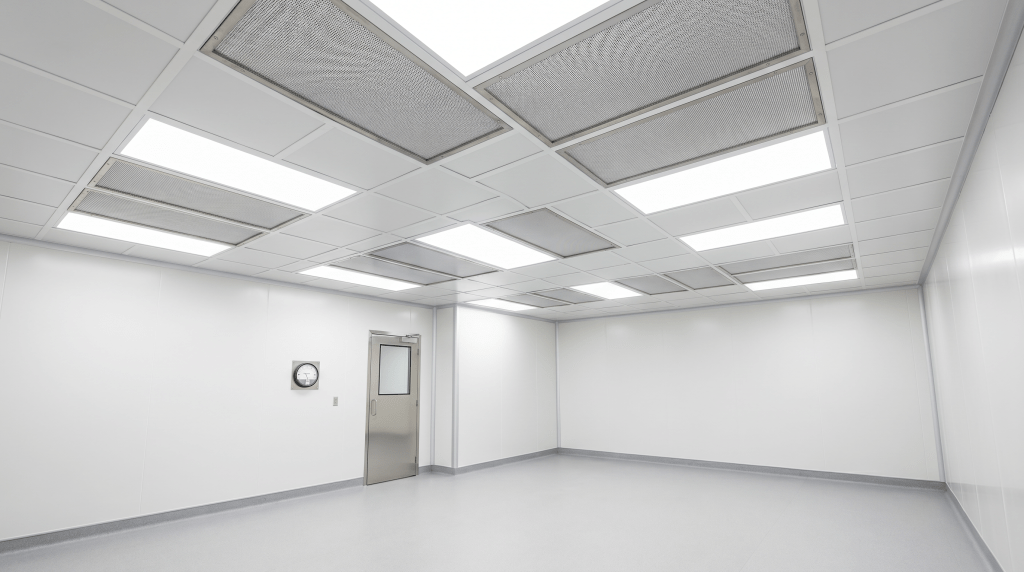 Hardwall modular cleanroom interior with HEPA-filtered ceiling and smooth wipeable wall panels