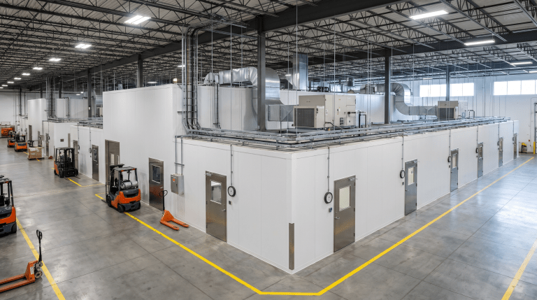 Large-scale AEL modular cleanroom facility — multi-bay layout with HEPA-filtered ceiling grid
