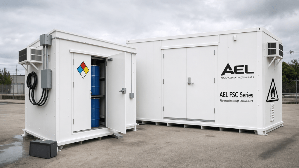 AEL FSC Series flammable storage containment unit with NFPA hazard signage and integrated forklift pockets