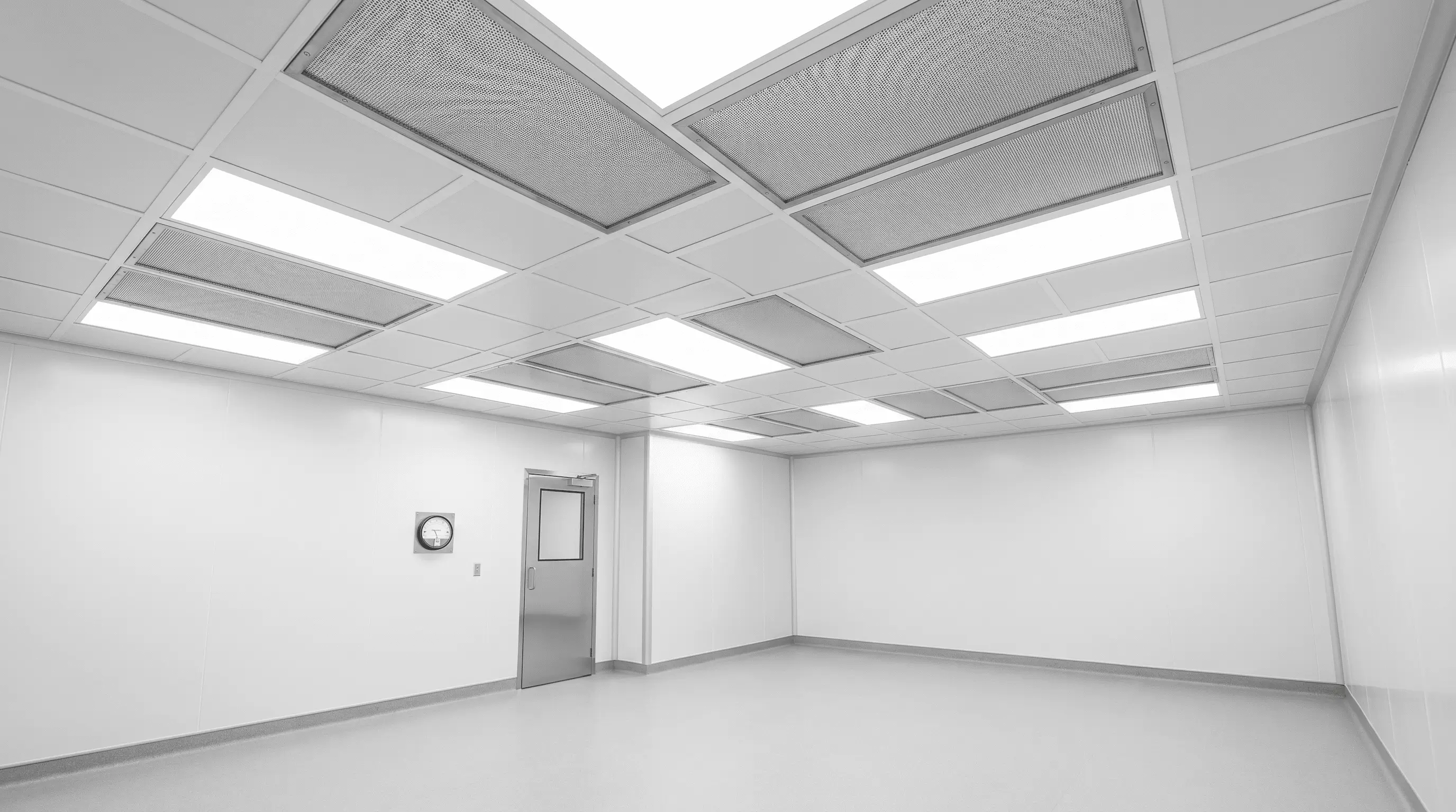 Hardwall modular cleanroom interior with HEPA-filtered ceiling and smooth wipeable wall panels