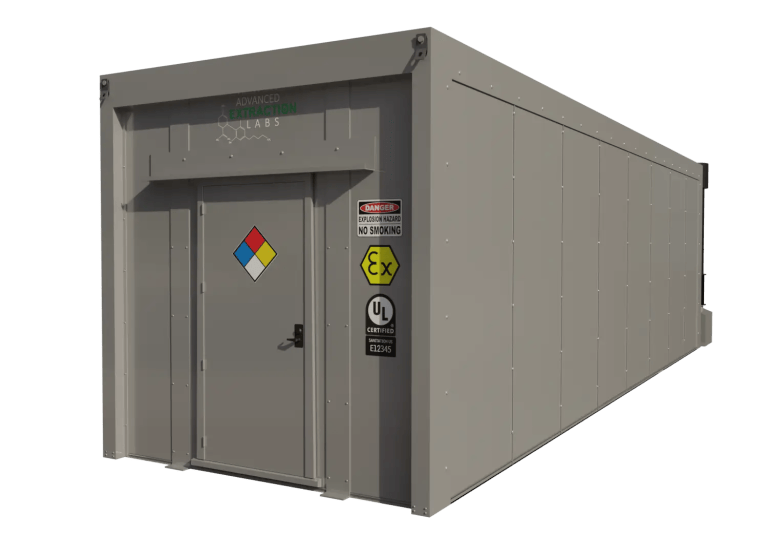 Exterior view of blast-resistant building with fire-rated construction for industrial safety applications