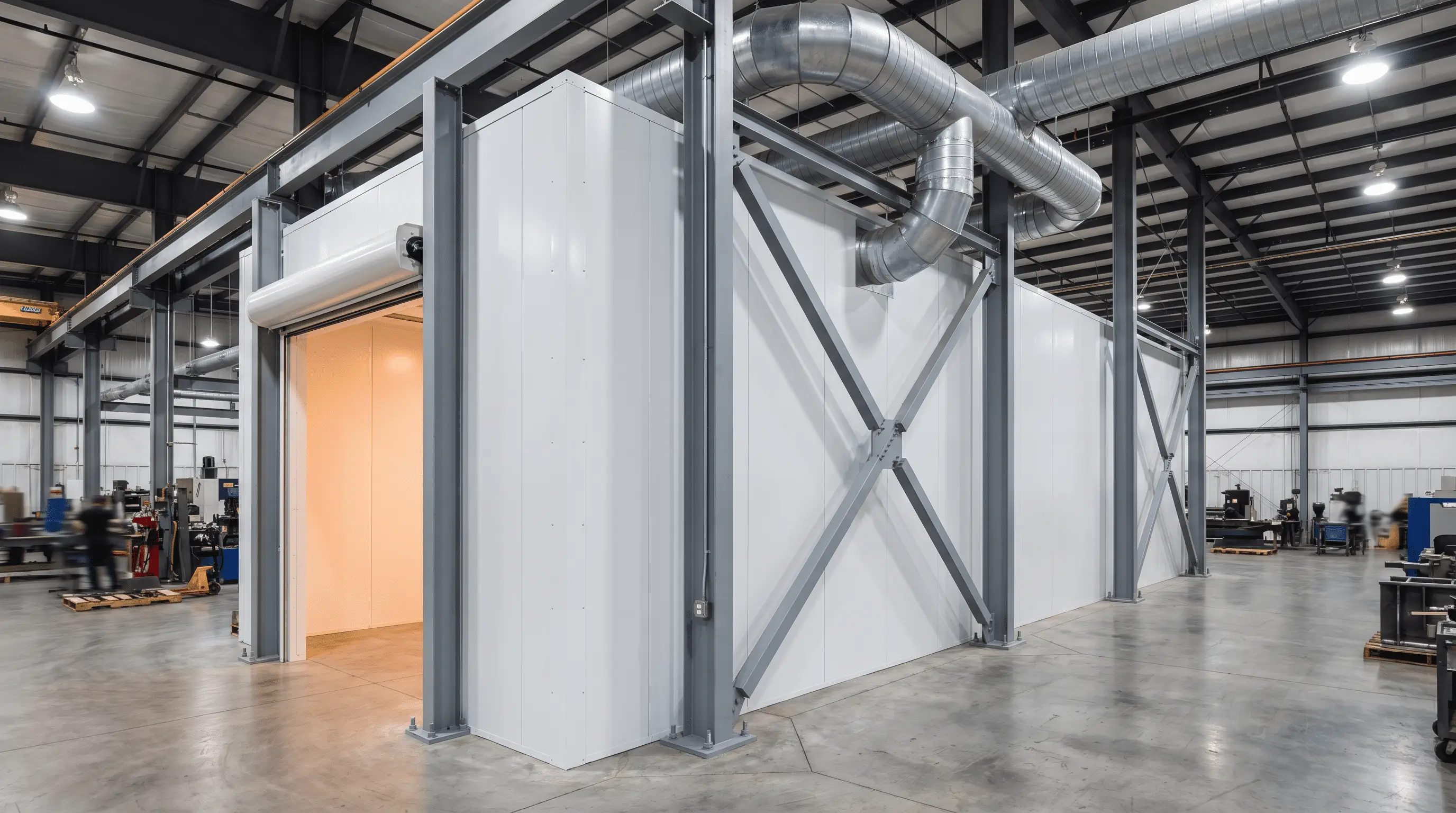 Freestanding panelized industrial Hyperion heating booth with overhead ducting inside a manufacturing facility